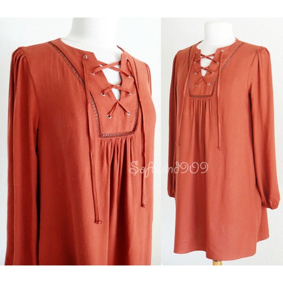 Rust Laced Up Long Sleeves BOHO Flowy Shift Dress - Picture 2 of 7